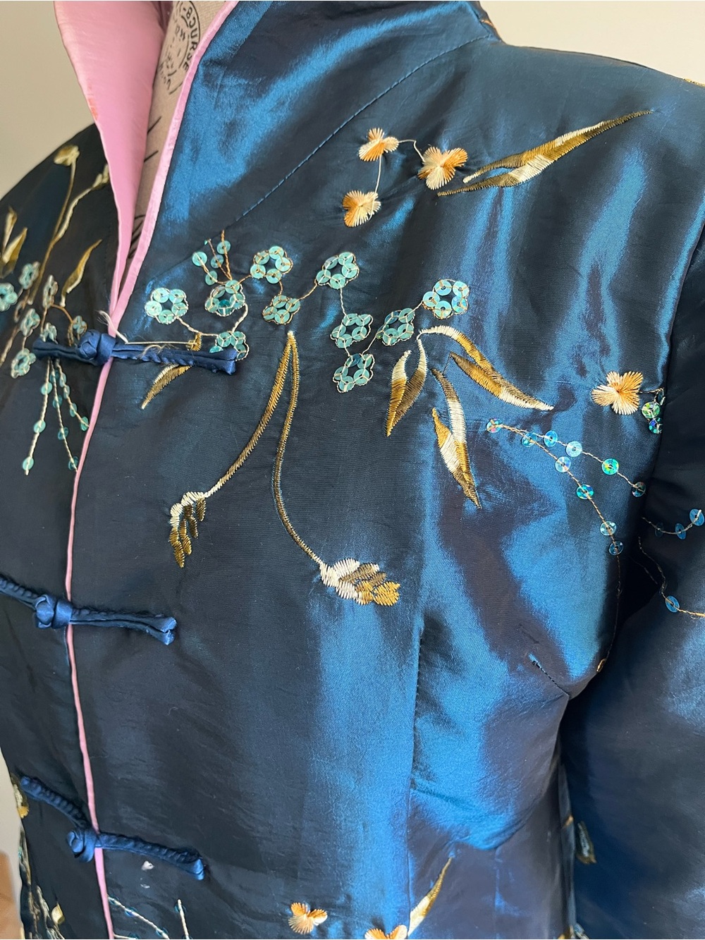 Vintage Chinese Silk Embroidered Mandarin Jacket Blue Floral Chinoiserie Qipao - Picture 5 of 7